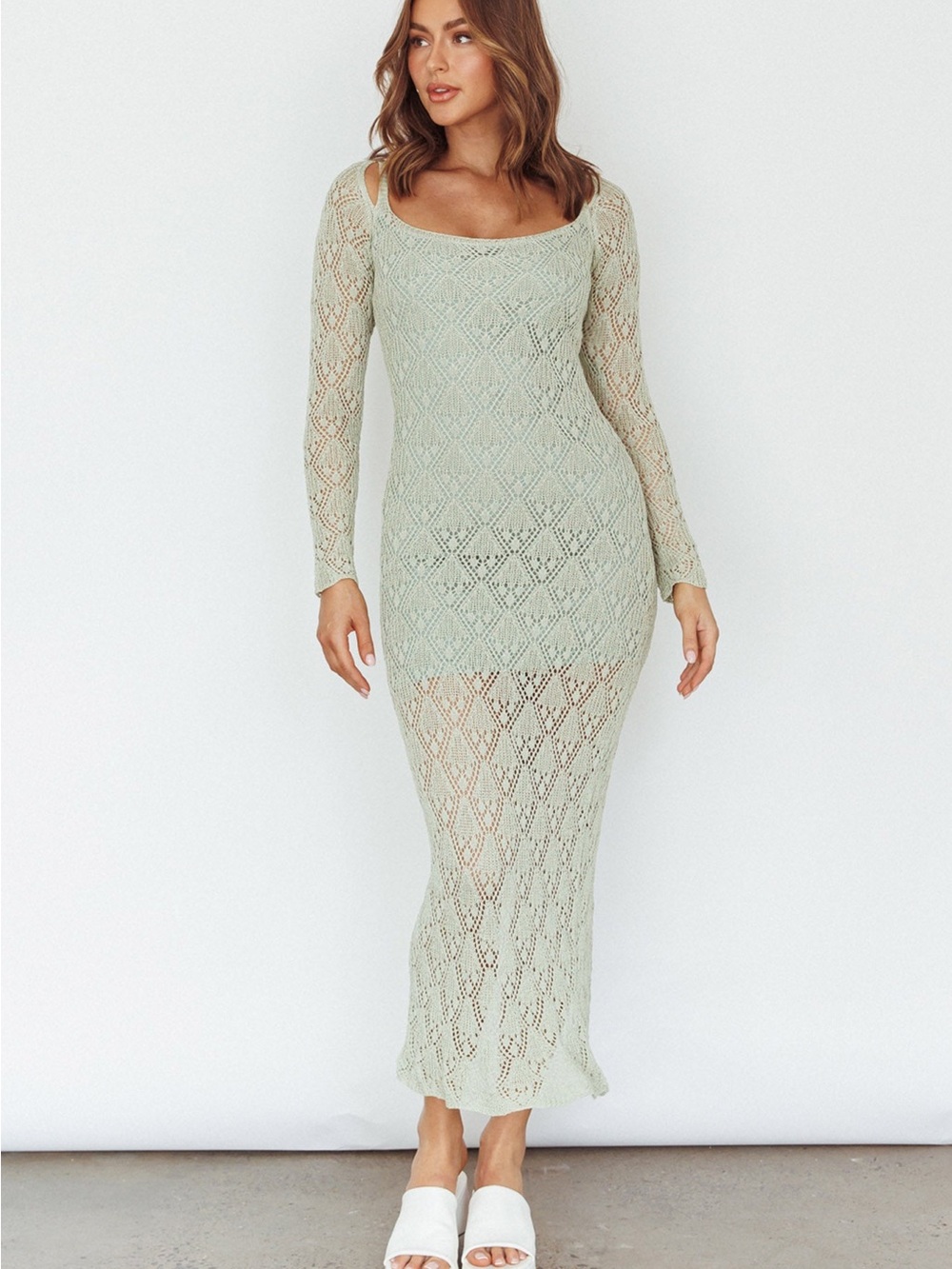 Long-Sleeve Knit Maxi Dress in Sage Green